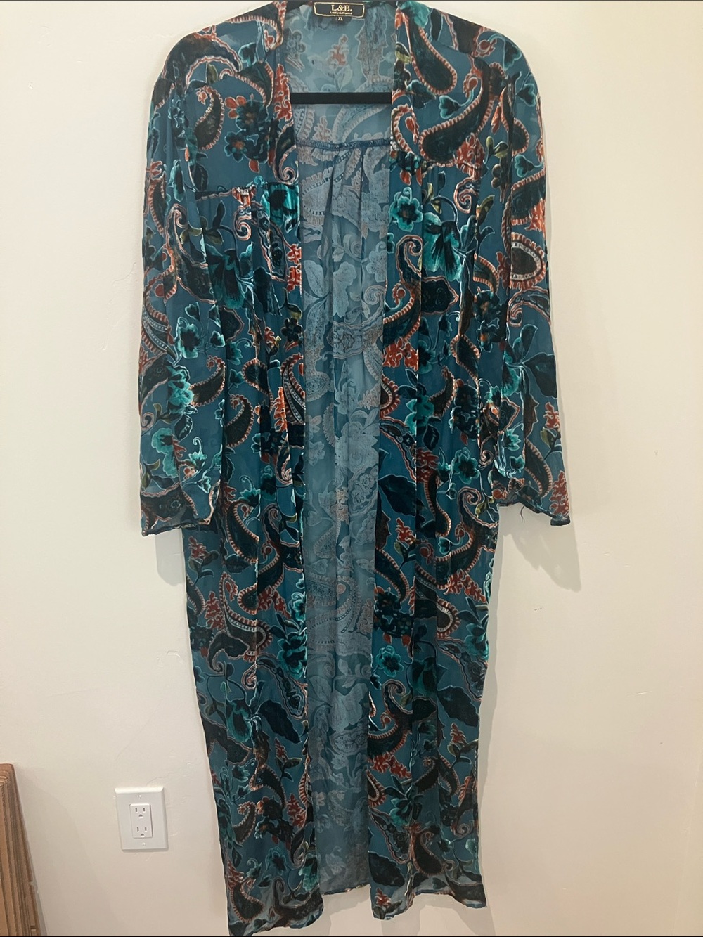 L&B Teal Paisley Burnout Velvet Longline Duster Cardigan